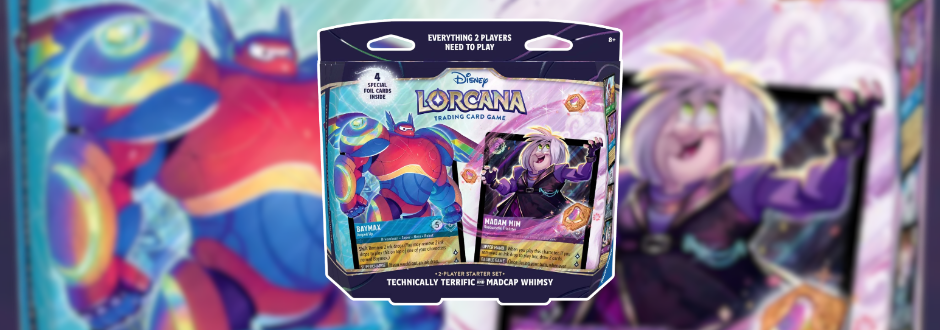 A Disney Lorcana two-player starter set box with illustrated trading cards sits centered against a colorful, playful backdrop of fantasy characters.