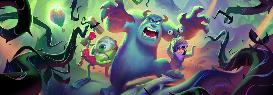 Colorful, animated scene of a Sully, Mike, and Boo in a monster costume in a dynamic, jungle-like setting with vibrant swirls.