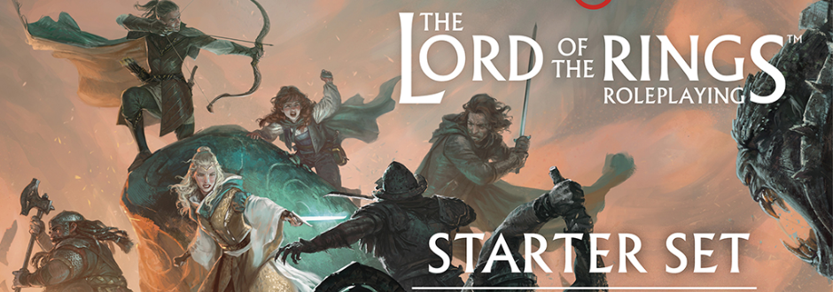Cover art for "The Lord of the Rings Roleplaying Starter Set" depicting a dynamic battle scene with diverse warriors, evoking an adventurous, epic tone.