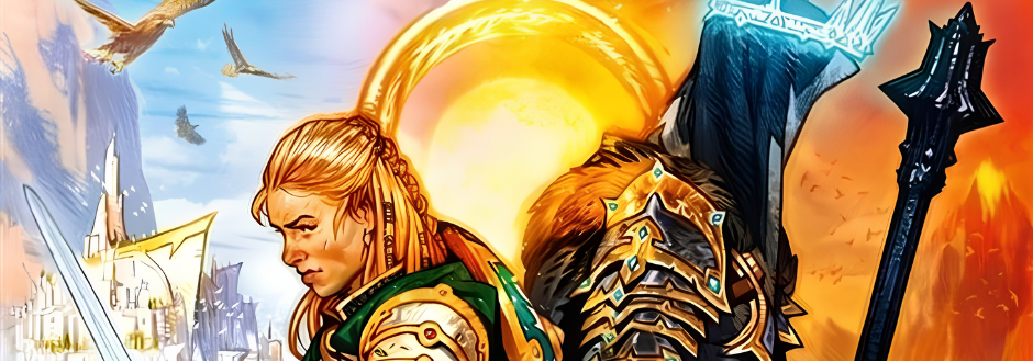 Illustration of a warrior and cloaked figure back-to-back, against a glowing sun. Birds soar over a fantasy city. Energetic and epic atmosphere.