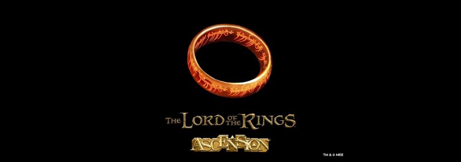 Golden ring with glowing elvish script on a black background, above the text "The Lord of the Rings: Ascension" in ornate gold lettering.