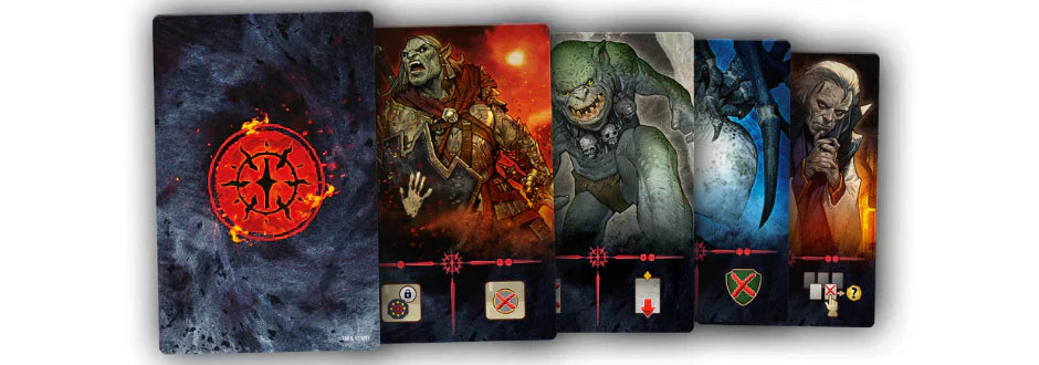 A fan of dark fantasy game cards spread in a curved layout