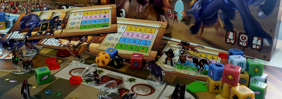 A colorful board game setup featuring dice, character figurines, and thematic cards with a fantasy backdrop. The scene conveys excitement and strategy.
