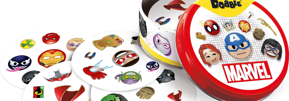 Dobble Marvel Emoji tin surrounded by cards