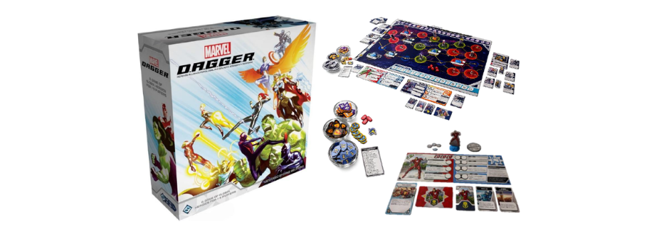 Box and components of "Marvel Dagger" board game. Includes a colorful game board, character cards, tokens, and pieces featuring superhero art. Dynamic and engaging design.