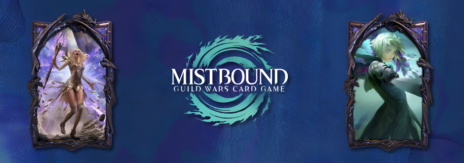 Fantasy-themed card game banner for "Mistbound: Guild Wars." Features two framed characters against a blue background, exuding a mystical and adventurous tone.