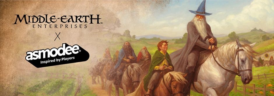A wizard in a blue hat leads a group on horseback through a pastoral landscape. Text reads “Middle-earth Enterprises x Asmodee.” The mood is adventurous.