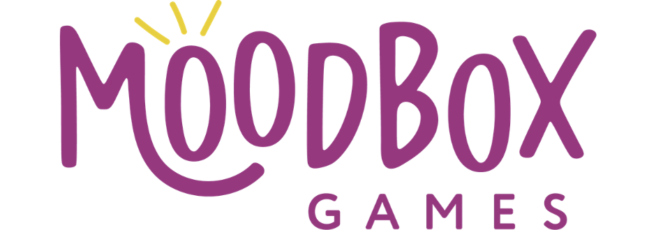 Logo for MoodBox Games with "MoodBox" in playful purple letters and "Games" beneath it. Sun rays emerge from the "M," conveying a cheerful vibe.