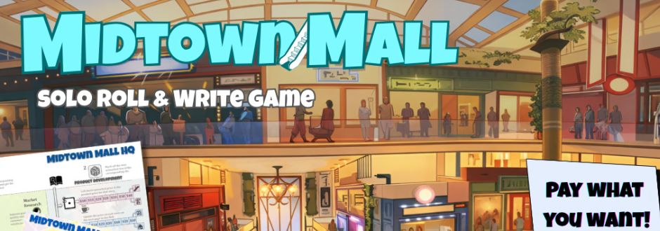 Colorful illustration of a bustling two-story mall with people shopping. The text reads 'Midtown Mall: Solo Roll & Write Game' and 'Pay What You Want!' Various store signs and vibrant lighting evoke a lively atmosphere