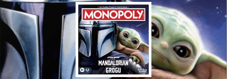 The image shows a Monopoly board game cover featuring "Star Wars: Mandalorian and Grogu." The Mandalorian's helmet and Grogu are prominently displayed.