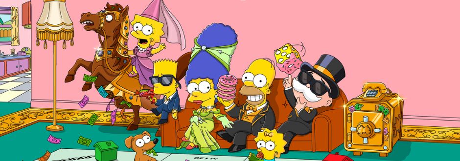 Animated family in a lavish room with a rocking horse and Monopoly board. They are dressed in fancy attire, surrounded by money and pastries, creating a playful, whimsical vibe.
