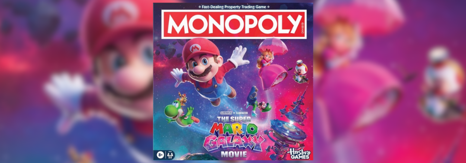 Colorful Monopoly board game cover featuring characters from Super Mario Galaxy, including Mario, Peach, and Yoshi, set against a cosmic background.