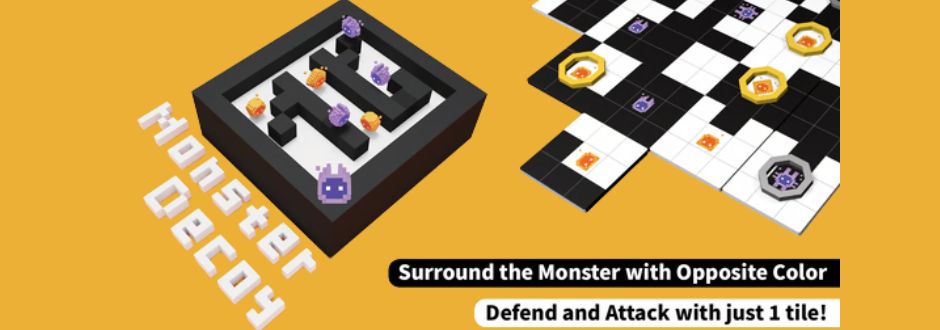 Image of a board game titled 'Monster Decoy' showing a 3D maze with colorful monster tokens. Text highlights include 'Surround the Monster with Opposite Color' and 'Defend and Attack with just 1 tile!' on a yellow background