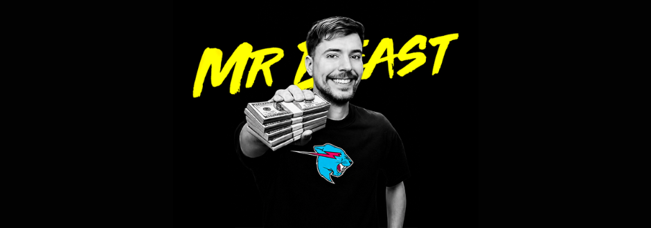 Man smiling, holding stacks of cash, wearing a black shirt with a blue and pink beast logo. Bold yellow "MR BEAST" text in the background. Energetic tone.