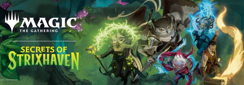 Cover art for "Magic: The Gathering - Secrets of Strixhaven" featuring diverse fantasy characters wielding magical powers, with vibrant, swirling colors.