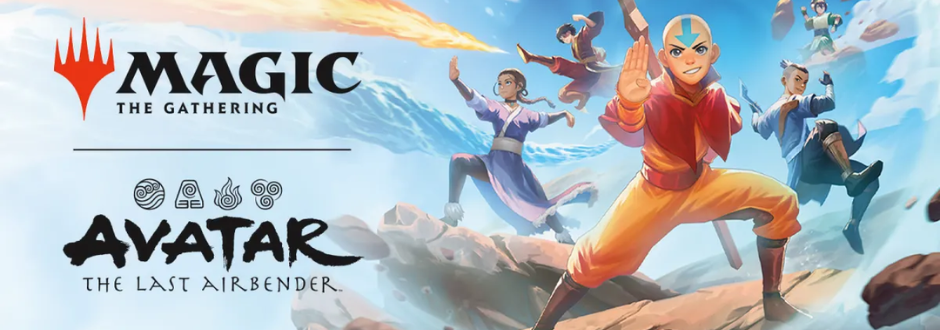 A promotional image for Magic: The Gathering – Avatar: The Last Airbender, featuring Aang and other characters in dynamic action poses with elemental powers.
