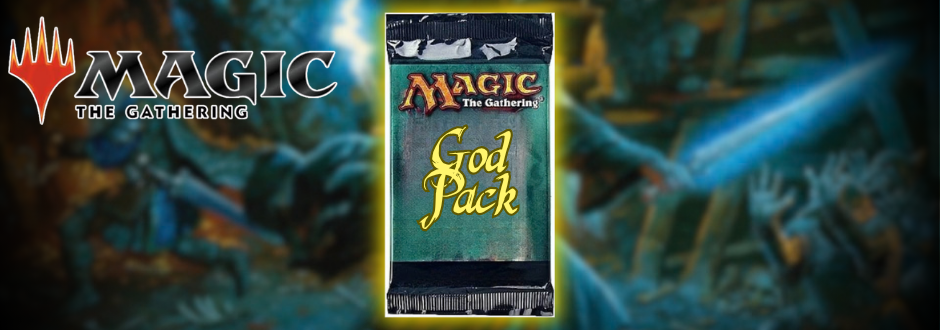 A magic the gathering pack with text on it saying "God Pack" and the logo on the left with a wizard fighting blurred in the background