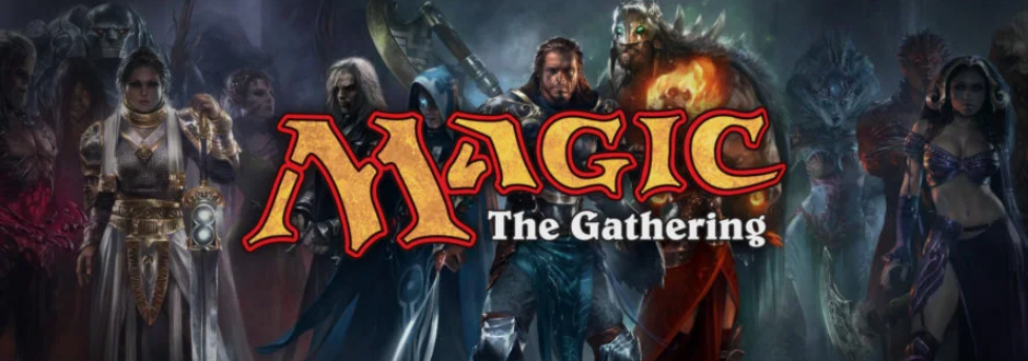 “Magic: The Gathering” logo centered over a lineup of fantasy characters including warriors, mages, and mystical figures in a dark, dramatic setting.