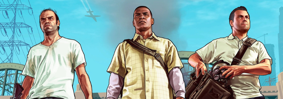 An image of the 3 main GTA protagonists walking towards the camera