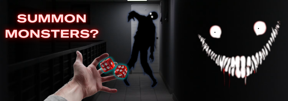 Someone rolling a dice with 2 monsters appearing in the bakckground and text saying 'SUMMON MONSTERS?'