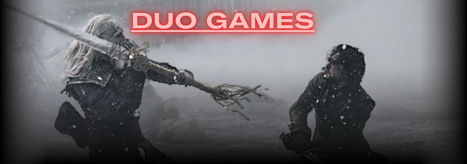 2 men fighting with swords and text above saying 'Duo Games'
