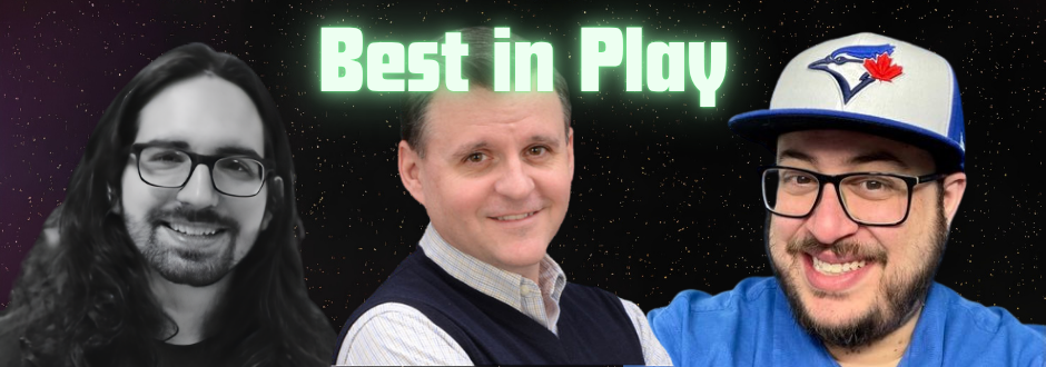 The 3 game designers with the text saying 'Best in Play' above them in neon green text