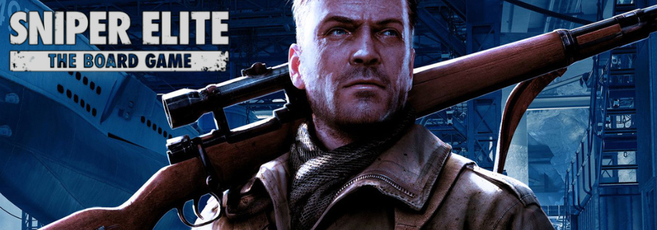 The Sniper from Sniper Elite with the logo for Sniper Elite: The Board Game in the top left corner