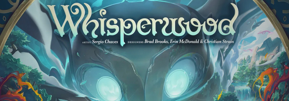 The Whisperwood logo with a huge creature in the background