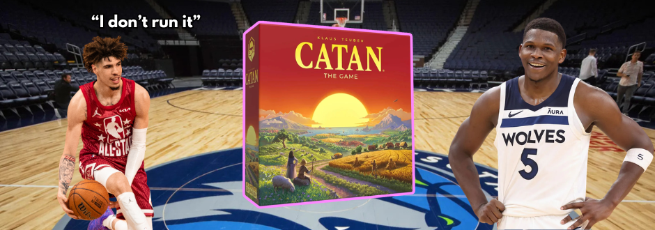 LaMelo Ball and Anthony Edwards either side of a Catan box