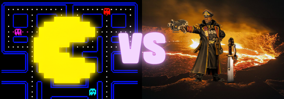 Pacman with a videogame background facing off against a warhammer figure with a volcanic background