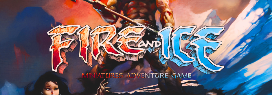 The Fire and Ice logo with mountains and a man with an axe in the background along with a woman