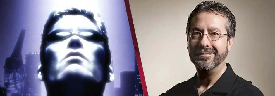 A photo of a video game character next to Warren Spector