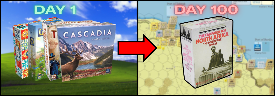 On the left it says 'DAY 1' with some beginner games and there is an arrow pointing to the right that shows 'DAY 100' with the Campaign for North Africa box