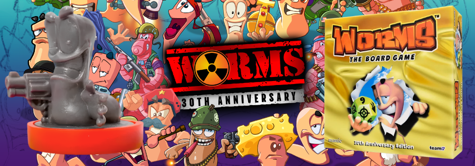 The Worms 30th anniversary logo with worms in the background, a piece from the game on the right and the box on the right