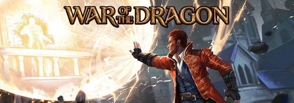 The War of the Dragon logo with someone in the background doing a magic blast