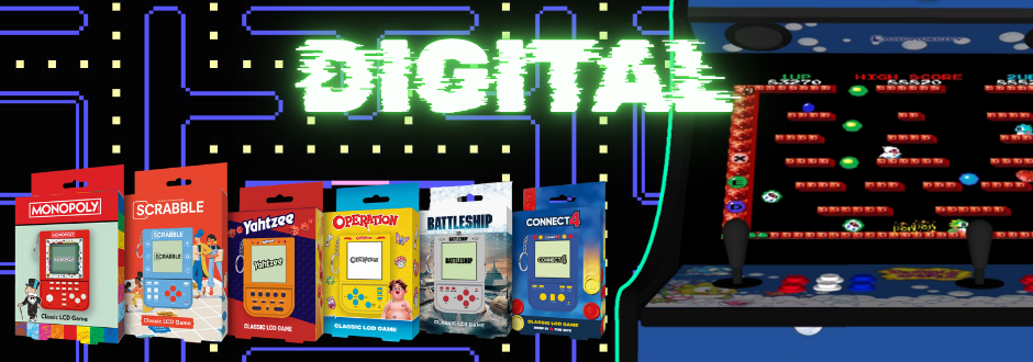 Text saying 'Digital' with a retro background and the digital Hasbro games at the bottom