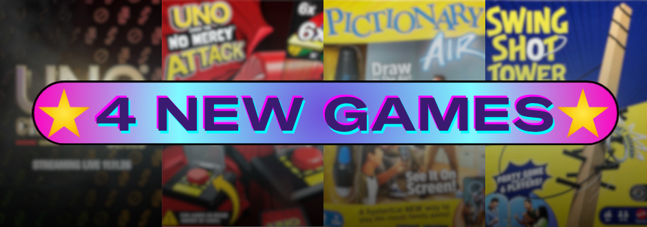 Text saying '4 NEW GAMES' with the 4 new games from Mattel in the background blurred