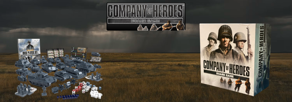 A gloomy field with the Company of Heroes: The Board Game at the top, figurines and the box are also shown