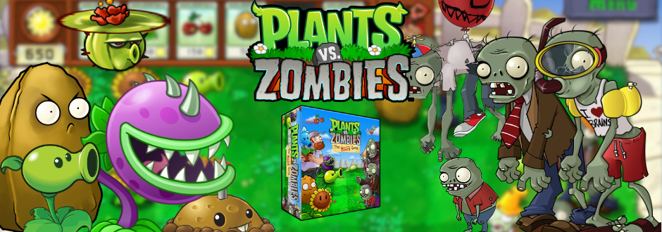 Plants vs zombies logo and box with plants on the left and zombies on the right and the box in the middle, there is also blurred gameplay of the mobile plants vs zombies in the background