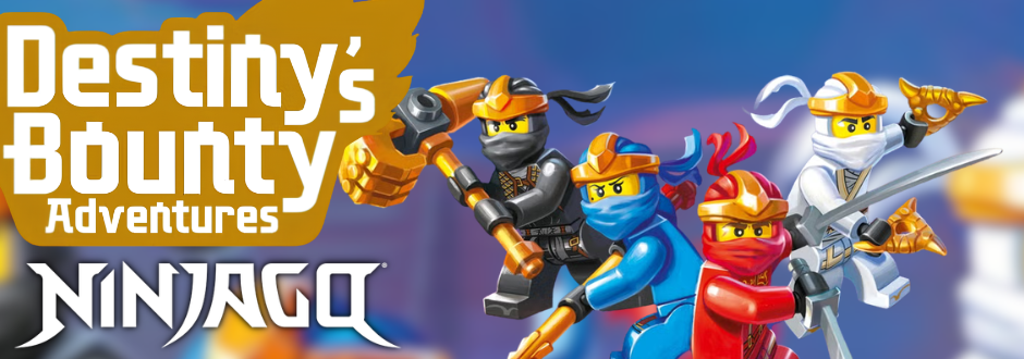 Lego Ninjago logo with the Destiny Bounty Adventures logo above it and the Lego Ninjago characters on the right