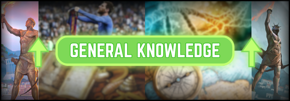 Text in the middle of the image saying 'GENERAL KNOWLEDGE' with 2 up arrows on either side. There is also blurred images of general knowledge topics in the background