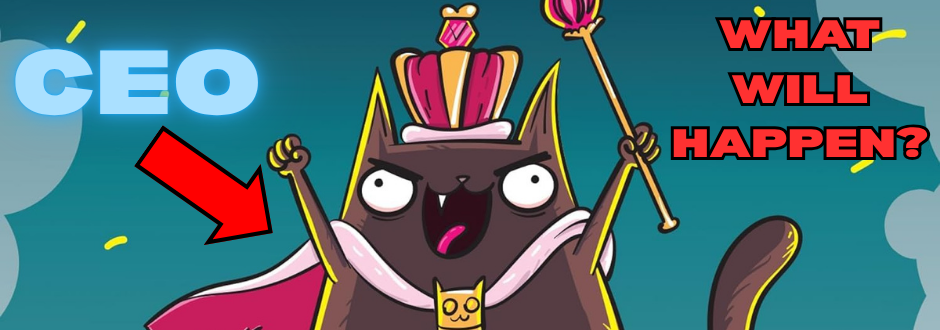 Exploding kitten dressed as a king with text saying 'CEO' on the left and 'What will happen?' on the right