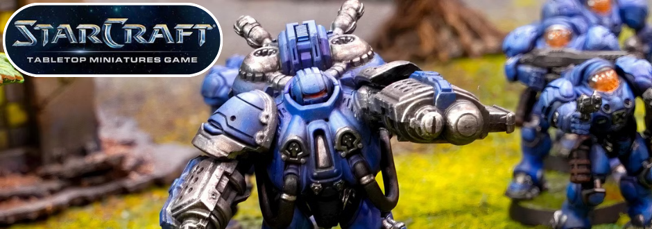 The Starcraft logo in the top left and some robots from the game in the middle and to the right of the image