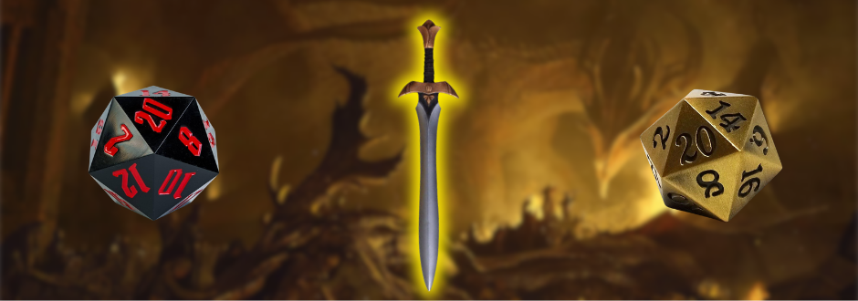 A sword with 2 D20 die either side and a blurred dragon in the background.