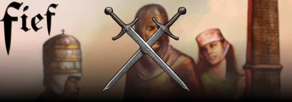 The cover of Fief with the logo in the top left, there is a pair of crossed swords in the middle.