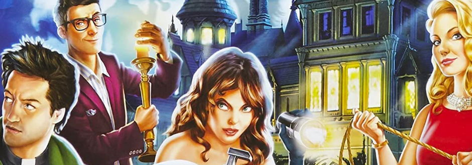 Illustration of four people with various tools outside a spooky mansion at night.