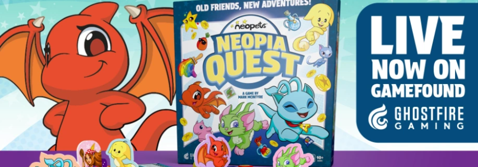 Colorful board game box 'Neopia Quest' featuring vibrant Neopets characters on the cover. A red dragon character is playfully posed beside the box