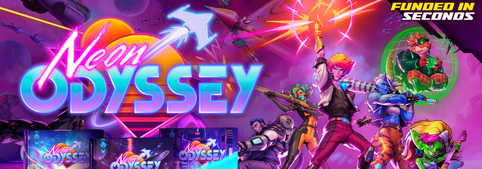 Colorful "Neon Odyssey" banner featuring a futuristic team in action poses. Bright neon lights, dynamic energy, and a sci-fi spaceship in the background.