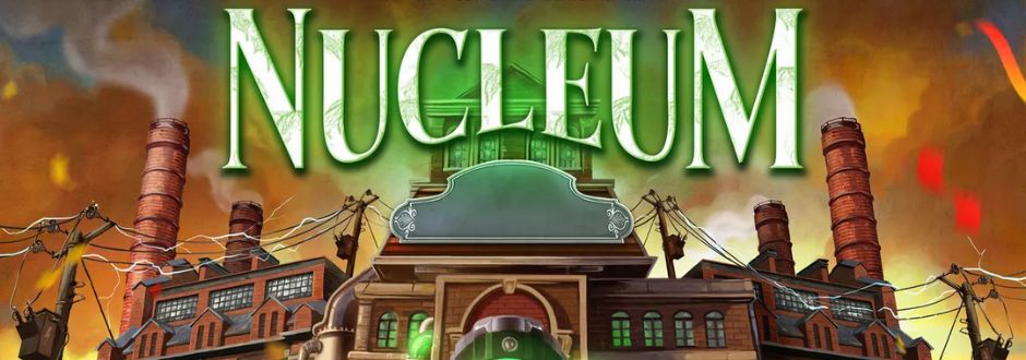 Industrial scene with a stylized factory featuring tall smokestacks against a fiery sky. The word 'Nucleum' is prominently displayed above