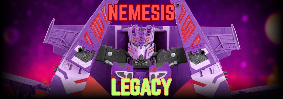 A transformer with a dark background and text saying 'NEMESIS' at the top, and 'LEGACY' at the bottom